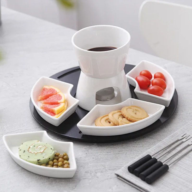 Fondue Pot Ceramic - White Glazed Ceramic Chocolate Fondue Pot